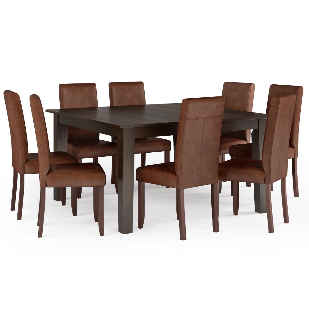 Distressed Saddle Brown Distressed Vegan Leather | Acadian 9 Piece Dining Set