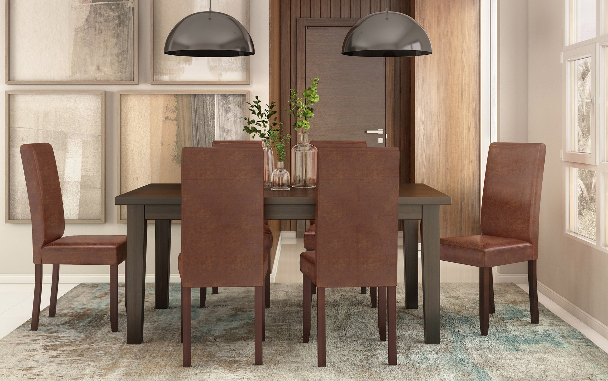 Distressed Saddle Brown Faux Distressed Leather | Acadian 7 Piece Dining Set