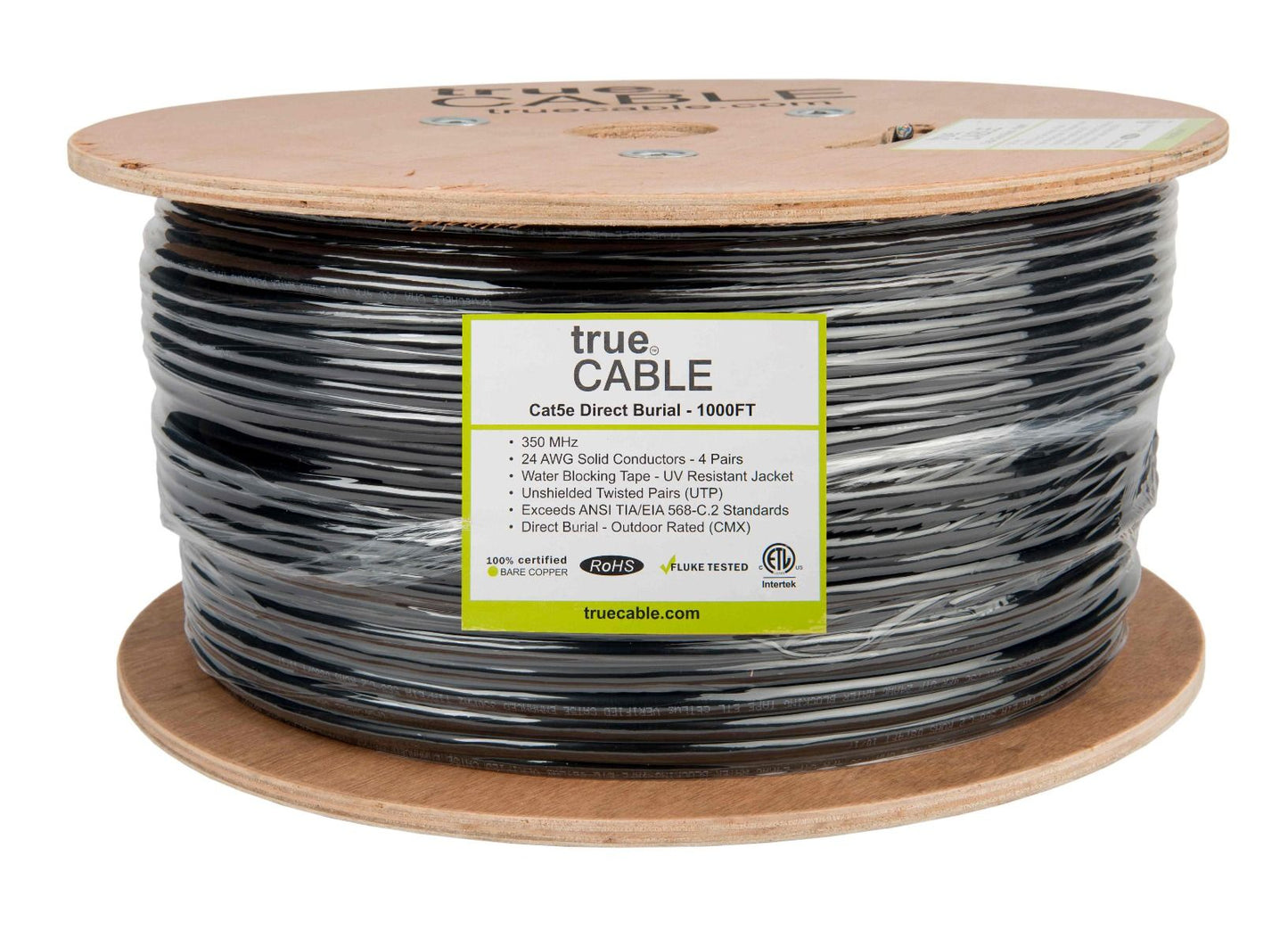 Cat5e Direct Burial Ethernet Cable, Unshielded, 1000ft, Black
