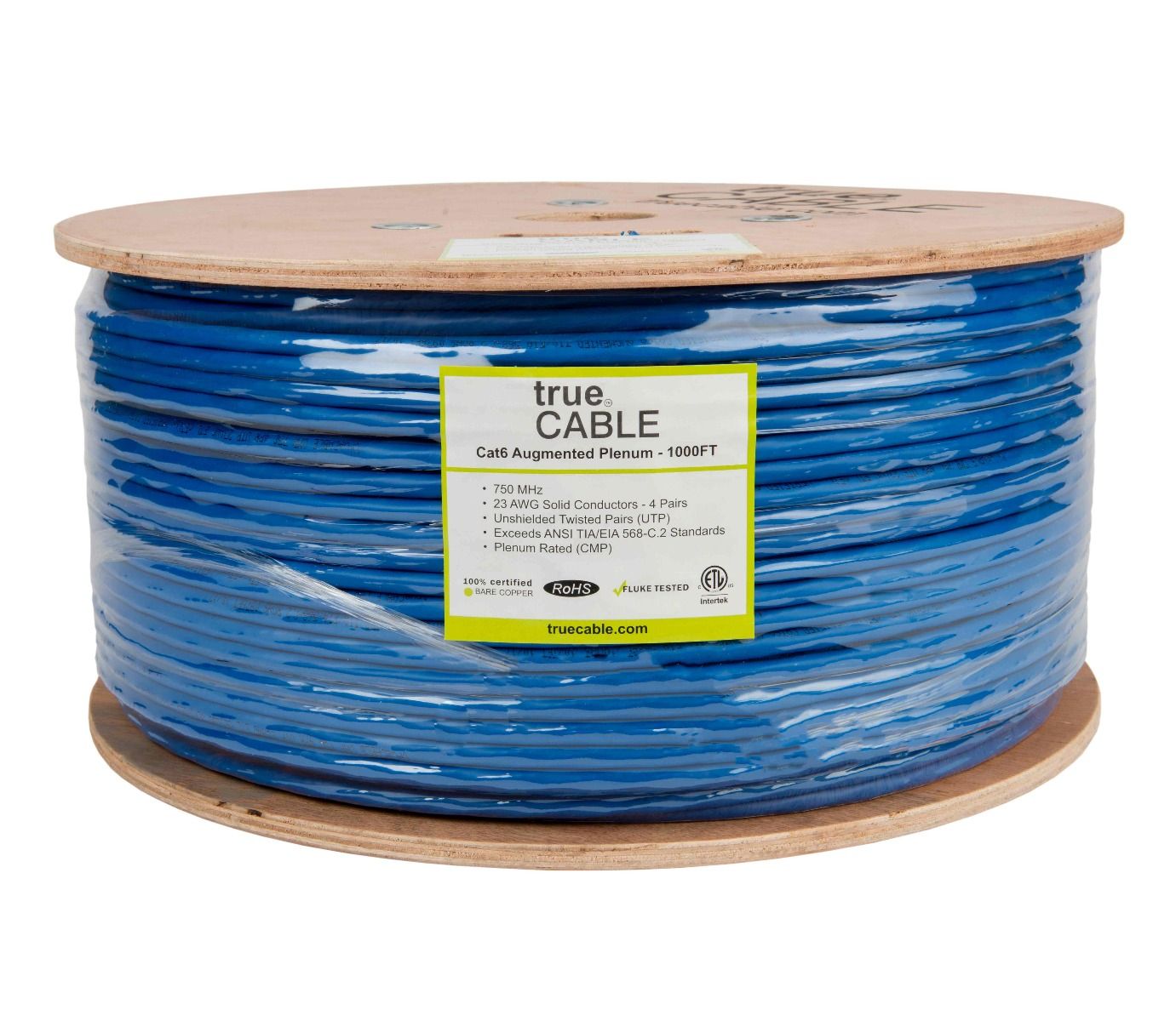 Cat6A Plenum Ethernet Cable, Unshielded, 1000ft, Blue
