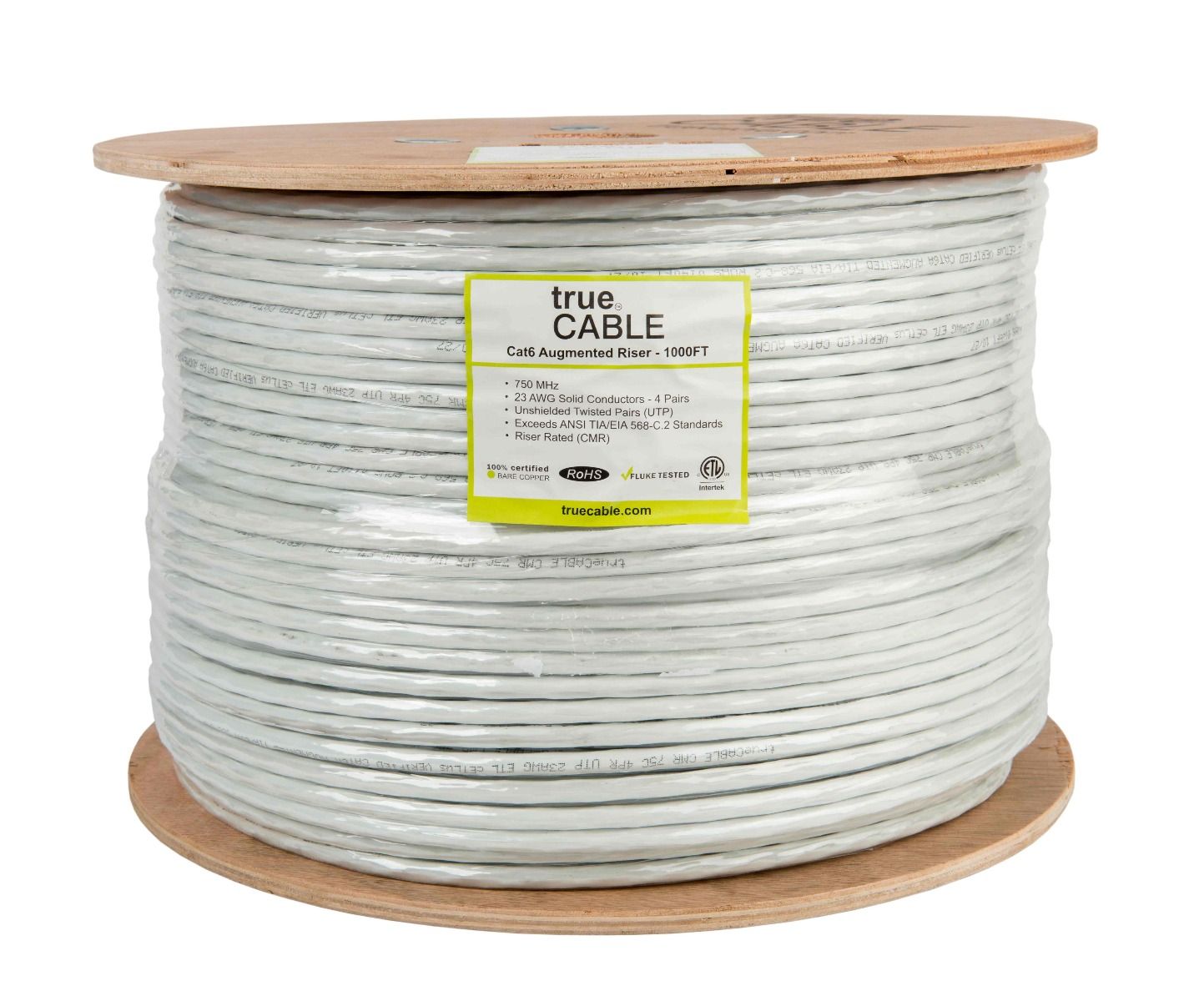 Cat6A Riser Ethernet Cable, Unshielded, 1000ft, White